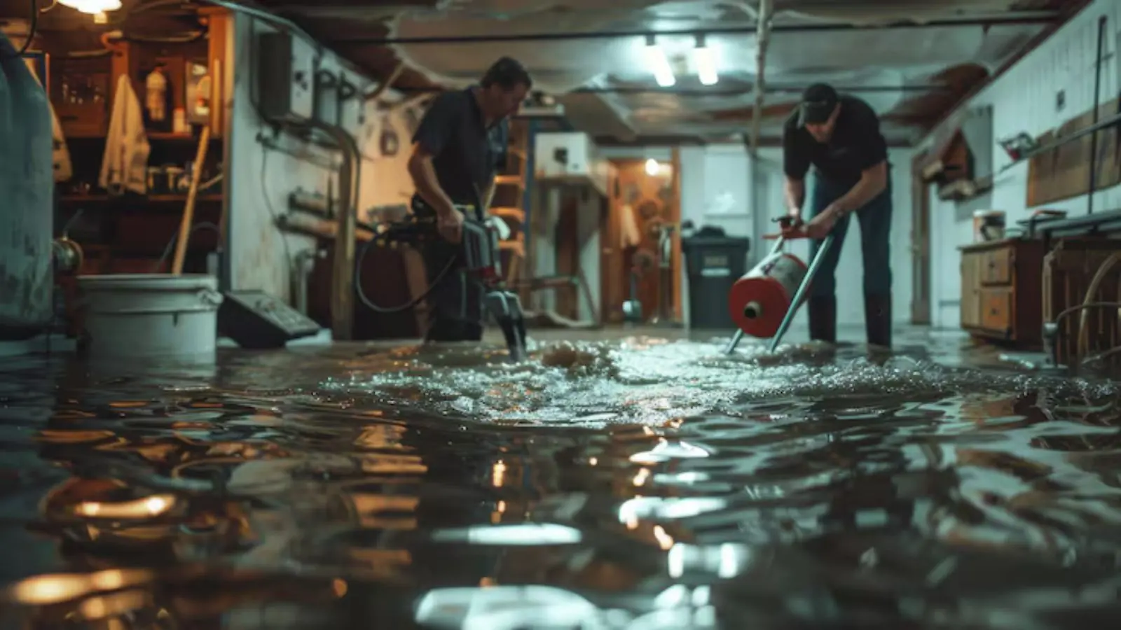 Two workers removing water from a flooded basement with an extraction machine