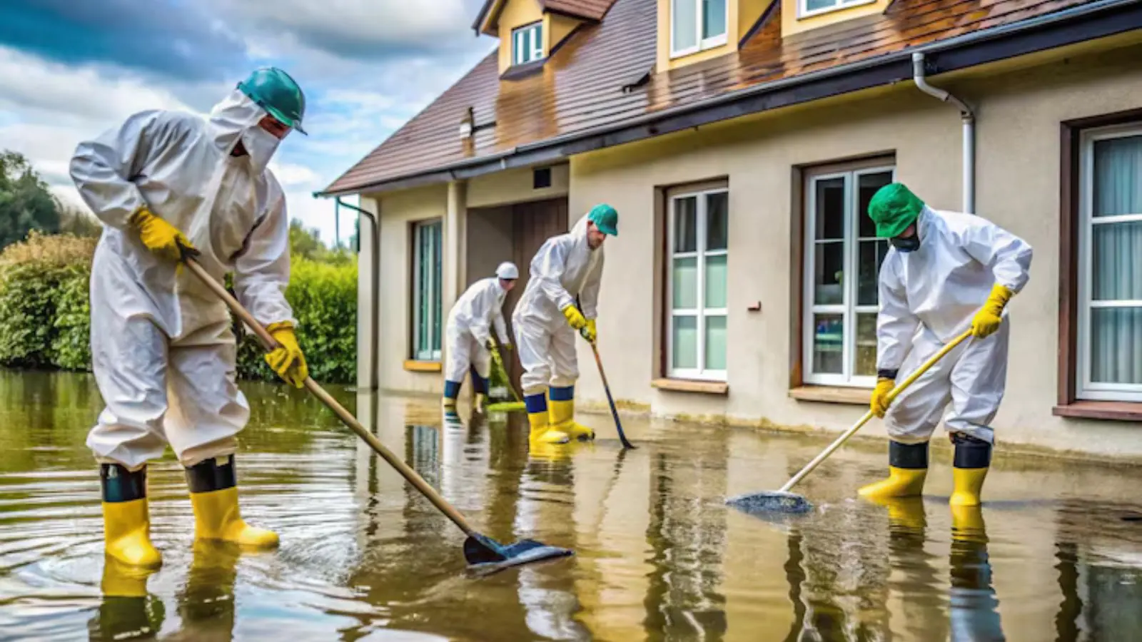 Crew in protective suits and boots clearing floodwater outside a home