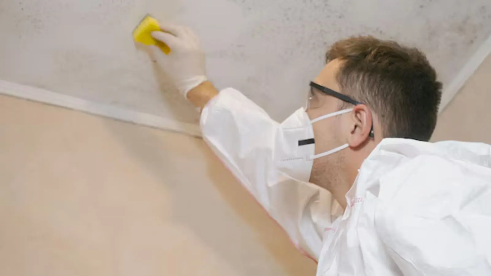 Person in protective gear scrubbing a ceiling with a sponge