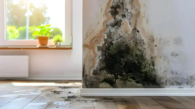 Mold growing up a wall beside a window above a damp floor