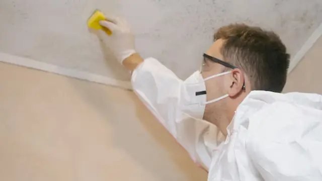 Person in protective gear scrubbing a ceiling with a sponge