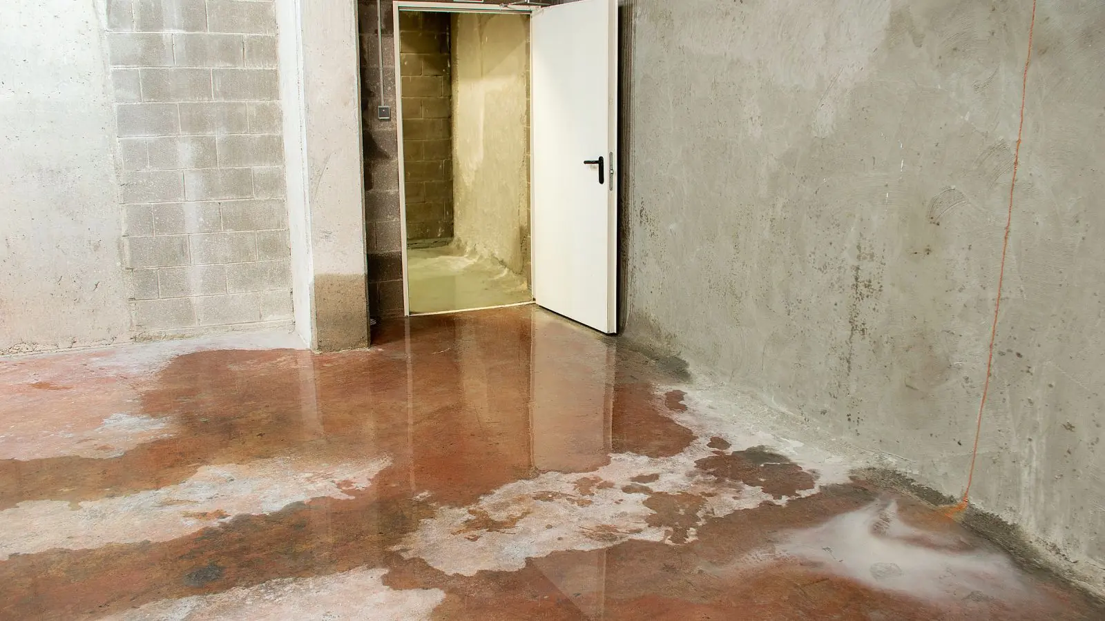 Wet concrete basement floor with a doorway and stained block walls